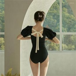 Women's Swimwear Sexy Short Sleeves One Piece Swimsuit Women Solid Black Bow Strappy Thong Monokini Backless Bathing Suit 2024 Mujer