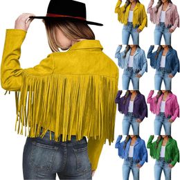 Women Y2k Fringed Hem Tassel Cardigan Crop Tops Cool Girl Motor Biker Jacket Suede Leather Jacket 90s Vintage Streetwear Coats 240125