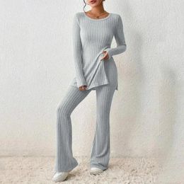 Women's Pants Women Two Pieces Suit Winter Autumn Knitted Long Sleeve Ribbed Slit Top High Waist Flared Trousers Set Fashion Outfit