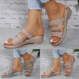 Sandals Fashion Summer Women's Thick Soled Wedge Heel Solid Color Sequin Fish Mouth Flat For Women Winter