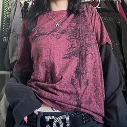 Y2K Grunge Emo Vintage T-shirt 2000s Cross Cyber Goth Patchwork Long Sleeve Tees E-girl Gothic Harajuku Loose Tops Women Men 240129
