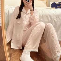 Women's Sleepwear Two-piece Set Women Home Clothes For Spring And Autumn Long-sleeved Ice Silk Lace Trouser Suits Pajama
