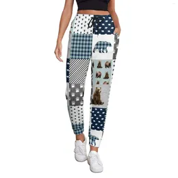 Women's Pants Cute Bear Patchwork Jogger Plaid Forest Animal Streetwear Joggers Spring Woman Modern Design Big Size Trousers Gift