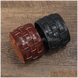 Bangle Motorcycle Wide Weave Cross Leather Cuff Mtilayer Wrap Button Adjustable Bracelet Wristand For Men Women Fashion Jewellery Drop Dhw6T