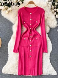 Casual Dresses Solid Women Knitted Pencil Dress Korean Long Sleeve Elastic Slim Autumn Winter Sexy Bodycon Warm Sweater