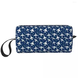 Cosmetic Bags Blue And White Aeroplanes Silhouette Pattern Large Makeup Bag Beauty Pouch Travel Portable Toiletry For Unisex