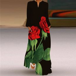 2023 Plus Size Women Dress Autumn Winter Floral Printed Maxi Dresses Casual V Neck Full Sleeve Boho Beach Party Long Dress 240124