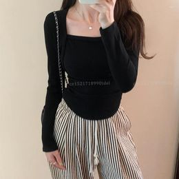 Women's T Shirts French Sle Square Collar T-shirt Women Slim Fit Pleat Bottoming Shirt Inner Wear Irregular Long Sleeve Tops