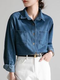 Women's Blouses Blue Denim Shirt For Women Autumn Vintage Long Sleeve Turn Down Collar Solid Loose Blouse Spring Casual Versatile Tops