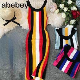 Casual Dresses Summer 2024 Round Neck Rainbow Vertical Striped Women Vintage Sexy Knit Dress Sleeveless Pullovers Ladies Vestido