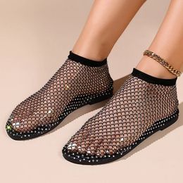 Trend Hollow Crystal Women Shoes Autumn Walking Designer Casual Female Flats Ankle Mesh Round Toe Mujer Zapatos 240126