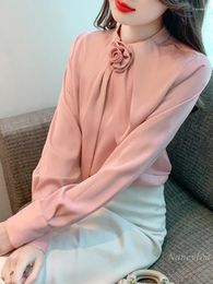 Women's Blouses Autumn Niche Long-Sleeved Chiffon Shirt 2024 Fashion Beautiful Flower Stand Collar Top Office Woman Undershirt Tops