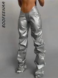 BOOFEENAA Sexy Metallic PU Faux Leather Pants Black Silver Streetwear Women Fall Clothing Low Rise Ruched Stacked Pants C87-DD34 240122