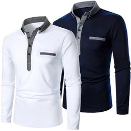 2023 Autumn Fashion Men's Solid Colour Long Sleeve Polo Shirts Casual Business 100 Polyester Patchwork Polos Tops for Men 240119