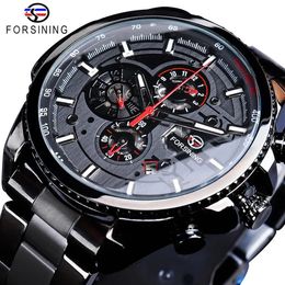 Forsining Three Dial Calendar Stainless Steel Men Mechanical Automatic Wrist Watches Top Brand Luxury Military Sport Male Clock 240202