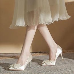 Dress Shoes Fairy Wind High-heeled Temperament Rhinestone Bow Not Tired Feet Main Wedding Can Wear Apricot 4454