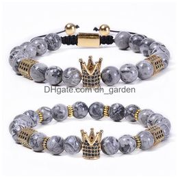 Beaded Natural Map Stone Crown Bracelet Copper Micro-Inlaid Zircon Diamond Bracelets Braided Cuff Women Men Fashion Jewellery Will And Dh7Hp