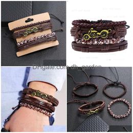 Charm Bracelets 4Pcs/Set Braided Leather Bracelet Adjustabel Beaded Retro Mens Motorcycle Bangle Cuff Wristhband Hip Hop Jewellery Gif Dhwi4