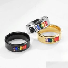 Band Rings Rainbow Crystal Gay Ring Stainless Steel For Couple Men Women Fashion Jewellery Valentines Gift Drop Delivery Dhmo3