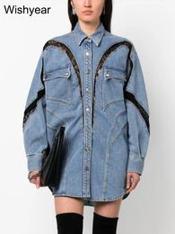 Elegant Long Sleeve Lace Patchwork Turndown Collar Single Breasted Denim Shirt Jacket Women Fall Birthday Jean Coats Streetwer 240201