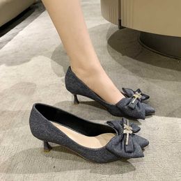 Dress Shoess Women's Shoes Temperament Pointed Single Spring and Autumn Season New Bow Shallow Mouth Fashion Versatile