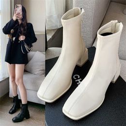 Women Ankle Boots Leather Womens Mid Heel Square Head Short Autumn Winter Martin Boots Design French Slim 230830