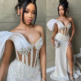 Aso 2024 Ebi Ivory Mermaid Prom Dress Beaded Crystals Sequined Lace Evening Formal Party Second Reception Birthday Engagement Gowns Dresses Robe De Soiree Zj102