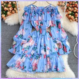 Casual Dresses Summer Women's Mini Dress Vacation Ladies Sexy Strapless Lantern Sleeve Elegant Sweet Floral Short Chiffon Print Beach