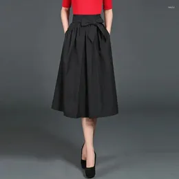 Skirts Plus Size Elastic High Waist Belt Lace Up Bowknot Midi Skirt Office Lady Black Pleated Korean Fashion Elegant M98