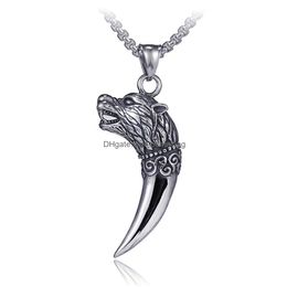 Pendant Necklaces Ancient Sier Head Wolf Tooth Stainless Steel Chain Necklace Women Men Hiphop Fashion Fine Jewellery Drop Delivery Pen Dhk5E