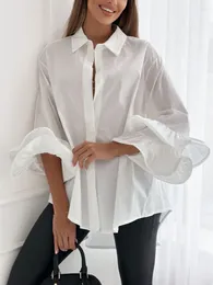 Women's Blouses Boho White Fall Spring Casual Loose Simple Lapel Flare Sleeve Shirts Tops Fashion Black Streetwear Women