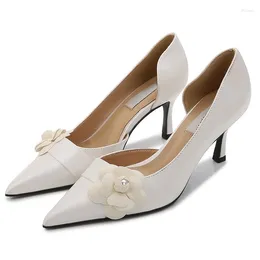 Dress Shoes Brand Design Wedding High Heels Floral Decoration Sandals Pointed Toe Sandalias De Mujer Silk For Women White Solid Pumps