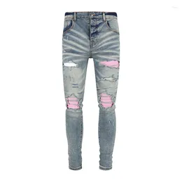 Men's Jeans Street Fashion Men Retro Washed Blue Elastic Stretch Skinny Fit Ripped Pink Patched Designer Hip Hop Brand Pants