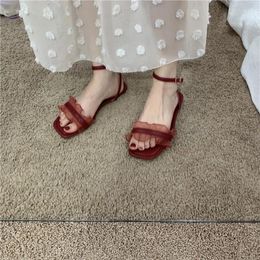 Sandals Flat For Women Narrow Band Vintage Square Toe Ladies Elegant Open Sandalias Ankle Strap Dress Shoes Lace Slippers