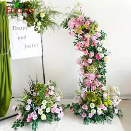 Pink Rose White Hydrangea Geen Leaf Hang Floral Arrangement Decor Wedding Backdrop Frame Party Stage Aisle Floor Flower Row 240131