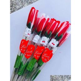 Decorative Flowers Wreaths Simation Rose Flower Single Red Roses Cartoon Bear With A Heart-Shaped Sticker Valentines Day Gift Moth Dhgon
