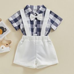 Clothing Sets FOCUSNORM 0-24M 2pcs Toddler Baby Boys Gentleman Clothes Short Sleeve Plaid Print Button Bowtie Romper Top Suspender Shorts