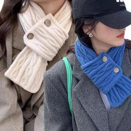 Scarves Korean Buttons Knitted Scarf For Women Girls Autumn Winter Soft Cross Patchwork Colours Lady Warm Neck Protection