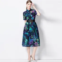 Party Dresses Runway Designer Summer Dress Women Trendy Fashion Blue Floral Print Midi Vintage Vestidos Vacation Robe Femmes N2024