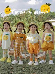 Clothing Sets Girls Orange Series 2024 Summer T-shirt Set Baby Versatile Cool Suspenders Fashion Check Shorts