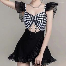 Women's Swimwear 2024 Summer Fashion Plaid Chest Drawstring Flying Sleeves High Waist Sexy Spring Soaking Small Body Dress