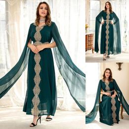 Ethnic Clothing Green Chiffon Long Cape Sleeve Evening Dresses Moroccan Caftan With Gold Embroidery Muslim Islamic Dubai Saudi Arabic Prom