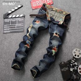 Men's Jeans EHMD Rainbow Color Scratched Jeans Mens Ripped Embroidered Geometric Shape Straight Cotton Soft Stretch Slim Blue Pants 2021 T240205