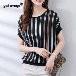 Fashion Striped Printing Oversize Women's Clothing 2023 Summer Lady Round Neck Batwing Sleeve Tops Women Knit Tshirt 240124