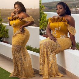 Plus Size Aso Ebi Prom Dresses Dark Yellow Off Shoulder Evening Dress for Black Women Girls Outfit Beaded Lace Second Reception Birthday Gowns NL515