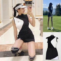 Summer Golf Apparel Women's Sports Outdoor Leisure Breathable Short Sleeve T-shirt Black and White Panel A-line Skirt Set 240122