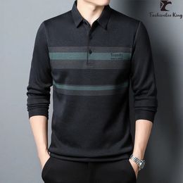 Long-sleeved T-shirt Fashion Mens Casual Section Business Office Polo Shirt Stripe Shirts 240126