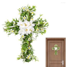 Decorative Flowers Cross Wreath Artificial Lilien Greenery Easter Door Spring For Front Outside Christian Decor