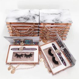 Marble Design Lash Box Empty 25mm Mink Eyelashes Handbag Chain Eyelash Case with Glue 240126