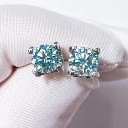 Stud Earrings Blue-green Moissanite Earring For Women Simple Classic Round Diamond Studs 1.0ct 925 Sterling Silver
